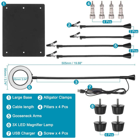Components of Soldering Helper With Four Magnetic Arms, 3X Magnifier Lamp And LED Light, Clamp Base Third Hand Tool for detail.