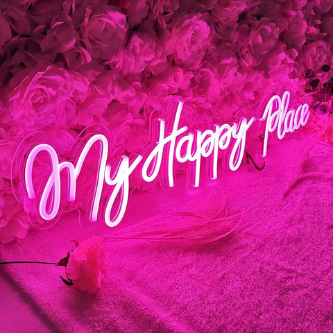 Pink LED Neon Light Sign My Happy Place Two Panel Wall Decor For Home Bar Bedroom Living Room Kid Room Wedding Gift 12V