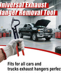 Sporthfish exhaust hanger removal pliers with red handles held by a gloved hand in an auto workshop.