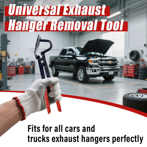 Sporthfish exhaust hanger removal pliers with red handles held by a gloved hand in an auto workshop.