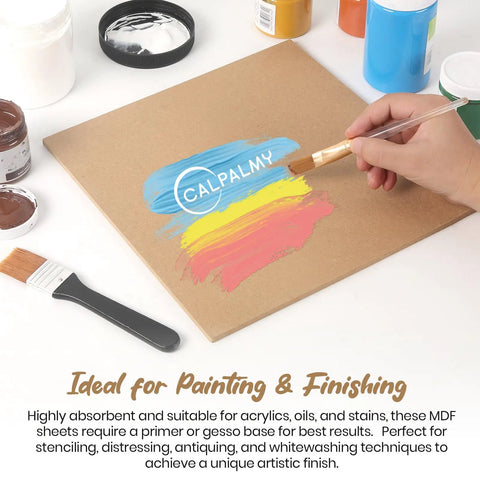 Smooth Unfinished Mdf Craft Boards 24 Pack 12 By 12 Inches 1/8 Inch Thick Medium Density Fiberboard Sheets with paint on surface.
