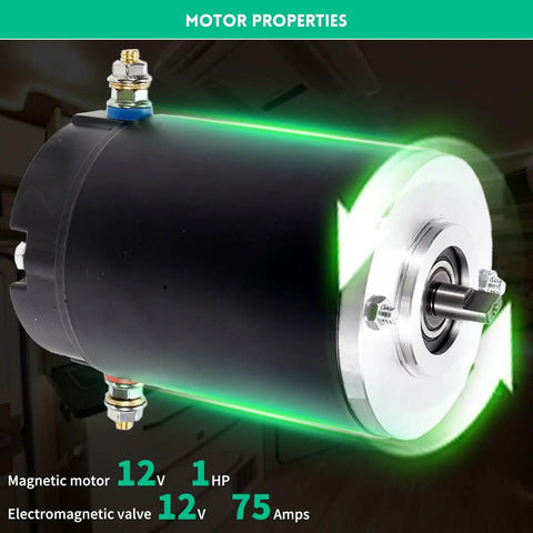 Close-up of RV Hydraulic Pump Motor For Lippert Leveling System 12V with specifications highlighted