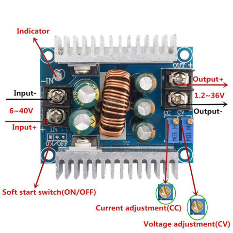 High Current Buck Converter Module for DIY Makers 6V to 40V Input 1 to 36V Output CC CV Mode 20A 300W Adjustable Step Down Power Supply