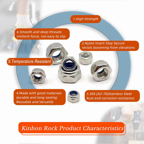 Premium 304 Stainless Steel Metric Nylon Insert Lock Nuts 60 Piece Assortment Kit M5 M6 M8 M10 M12 Sizes with blue nylon insert details.