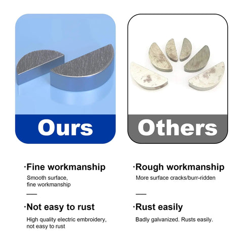 Comparison of woodruff key quality: fine workmanship with smooth surface versus rough with surface cracks, from Woodruff Key Assortment Kit Must Have 220 Pieces In 17 Metric Sizes Semi Circle Half Moon Keys And Shaft Crank Keys For Keyways And Fasteners Ideal For Mechanical Projects And Crankshafts Includes Tweezers For Quick Size Pick.
