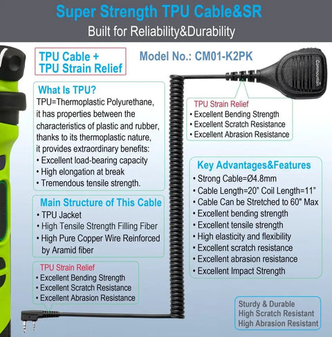 Durable 2 Pin Shoulder Microphone For Kenwood Radios with TPU Cable and Strain Relief, model CM01-K2PK, showcasing features.