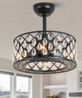 Bladeless Ceiling Fan With Crystal Cage Lights, Industrial Flush Mount Fandelier For Bedroom Closet Or Garage, 17.7 Inch