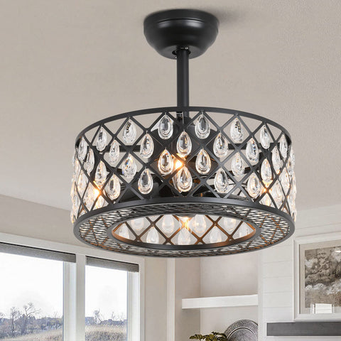 Bladeless Ceiling Fan With Crystal Cage Lights, Industrial Flush Mount Fandelier For Bedroom Closet Or Garage, 17.7 Inch