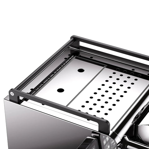 Top view of Heavy Duty Dual Boiler Espresso Machine Featuring Programmable Pre And Post Infusion with stainless finish and control panel.