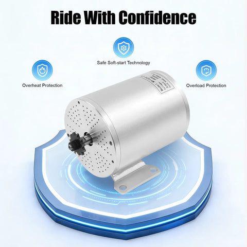 48V 2000W Brushless DC Motor Kit With 4300RPM on stylized base showing protective technology icons