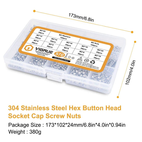 Stainless Steel M3 Button Head Socket Cap Screws Bolts Nuts And Flat Washers 570 Piece Assortment Kit in Plastic Case
