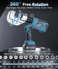 Badass Heavy Duty Electric Hydraulic Crimping Tool With Dual Fast Charge Packs For Quicker Rounds And Consistent Copper Connections Rated For 12 Ton Load Gets The Job Done Right, showing 360° rotation feature.