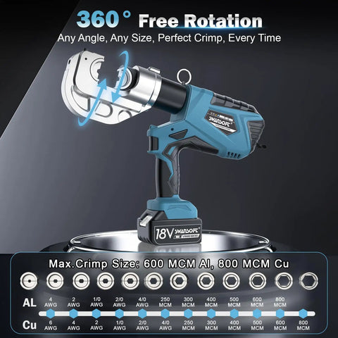 Badass Heavy Duty Electric Hydraulic Crimping Tool With Dual Fast Charge Packs For Quicker Rounds And Consistent Copper Connections Rated For 12 Ton Load Gets The Job Done Right, showing 360° rotation feature.
