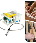 All In One 750W Mini Table Saw And Polisher For Jewelry Making showing flex shaft, drill chuck, and woodwork applications