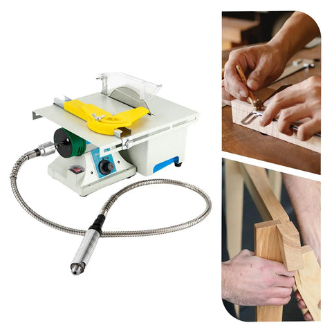 All In One 750W Mini Table Saw And Polisher For Jewelry Making showing flex shaft, drill chuck, and woodwork applications