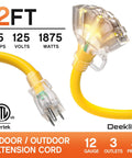Heavy Duty 2 Ft 12 Gauge Outdoor Extension Cord With 3 Outlets And Indicator Light Waterproof SJTW Cable 15A 125V 1875W For Workshop ETL Listed Flexible Yellow, close-up of plug and outlets.