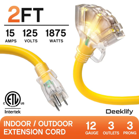 Heavy Duty 2 Ft 12 Gauge Outdoor Extension Cord With 3 Outlets And Indicator Light Waterproof SJTW Cable 15A 125V 1875W For Workshop ETL Listed Flexible Yellow, close-up of plug and outlets.