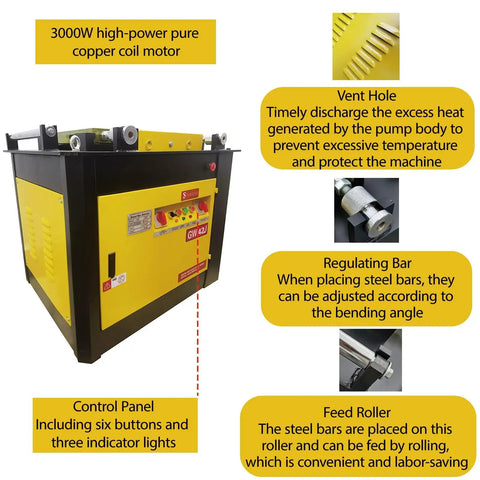 Hella Heavy Duty Automatic Rebar Bender 220V Electric Steel Bar Bending Machine featuring knockout, view of motor and control panel.