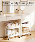 Two Tier Under Desk Storage Cart On Wheels With Built In Handle And Four Side Hooks beside vanity with skincare products
