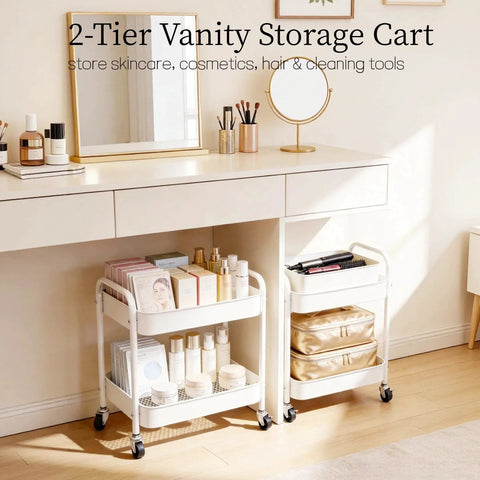 Two Tier Under Desk Storage Cart On Wheels With Built In Handle And Four Side Hooks beside vanity with skincare products