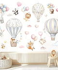 Cartoon Hot Air Balloons Wall Stickers For Kids Room And Living Room Self Adhesive Non Toxic Decor Featuring Cute Animals Lamb Panda Rabbit Lion Fox Hedgehog Clouds Hearts And Colorful Balloons Kid Friendly Easy To Apply