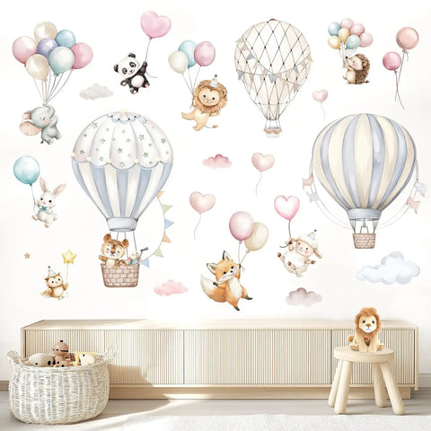 Cartoon Hot Air Balloons Wall Stickers For Kids Room And Living Room Self Adhesive Non Toxic Decor Featuring Cute Animals Lamb Panda Rabbit Lion Fox Hedgehog Clouds Hearts And Colorful Balloons Kid Friendly Easy To Apply