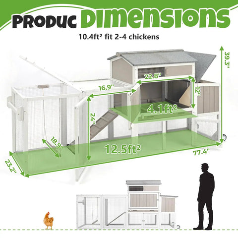 78 Inch Mobile Chicken Coop With Wheels For Easy Backyard Flock, large outdoor hen house dimensions, fits 2-4 chickens, grey white