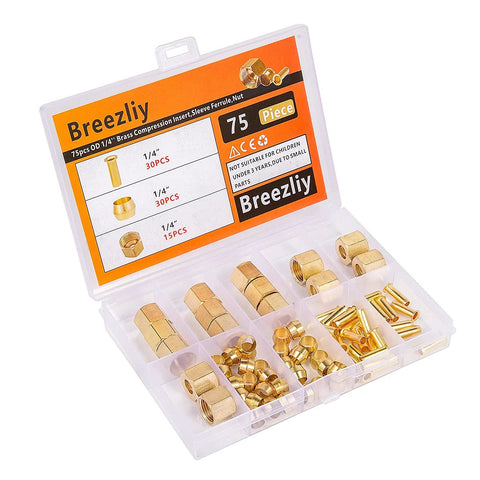 Breezliy 75-piece brass compression fittings kit with 1/4 in OD inserts, sleeves, nuts in plastic case