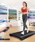 Person exercising on Under Desk Vibration Treadmill With 3 In 1 Vibration Plate in a living room, showcasing LED display and remote control.