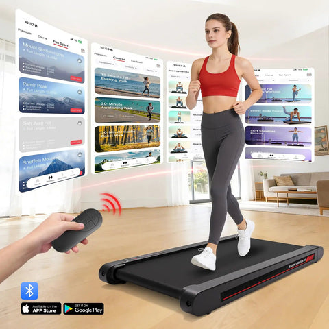 Person exercising on Under Desk Vibration Treadmill With 3 In 1 Vibration Plate in a living room, showcasing LED display and remote control.