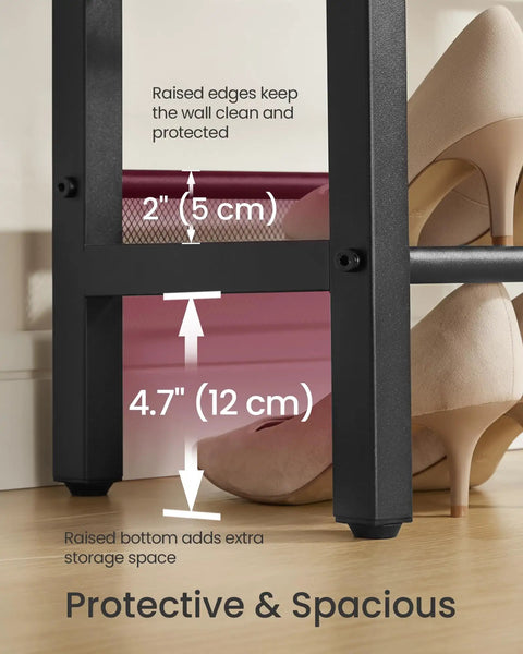 Rock Solid Three Tier Shoe Rack Bench With Heavy Duty Steel Frame And Rustic Plank Shelves Featuring Protective Raised Edges For Mudroom Seating Or Living Room Chill Spot showing raised edges and spacious design with high heels.