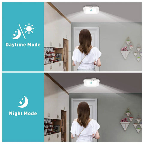 Woman under Cordless Rechargeable Motion Sensor Ceiling Light With USB Cable 220 Lumens 6000K Daylight LED in day and night mode