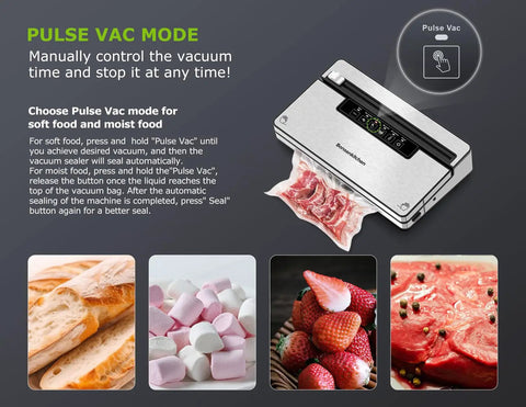 Stainless Steel Vacuum Sealer Machine With Built In Cutter And Bag Storage sealing meat in Pulse Vac mode for freshness