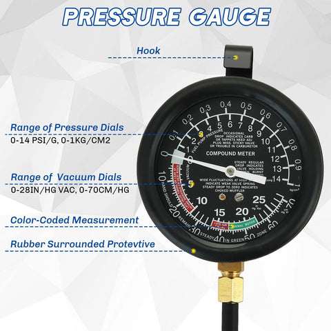 Front view of fuel pump and vacuum tester gauge kit; black round dial with brass fittings and red indicator
