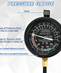 Pro Grade Fuel Pump And Vacuum Tester Gauge Kit For Quick Engine Checks Including Fuel Pump Pressure And Vacuum, Carburetor Intake Manifold And Overall Vacuum System Diagnostics For D IY Mechanics. Round pressure gauge with rubber housing
