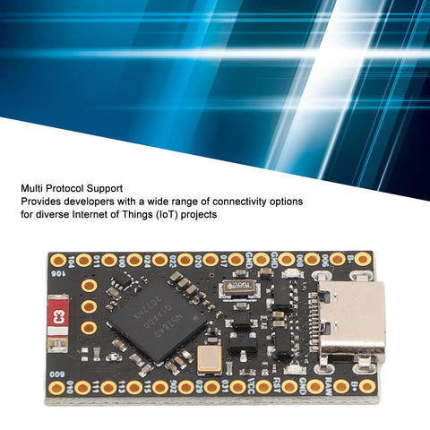 Nice Nano V2 Bluetooth Five Point Oh Charging Management Development Board For Lithium Batteries Dope Low Power Microcontroller Board For Wearables And DIY Projects With ARM Cortex M4F shown with chip layout and components.