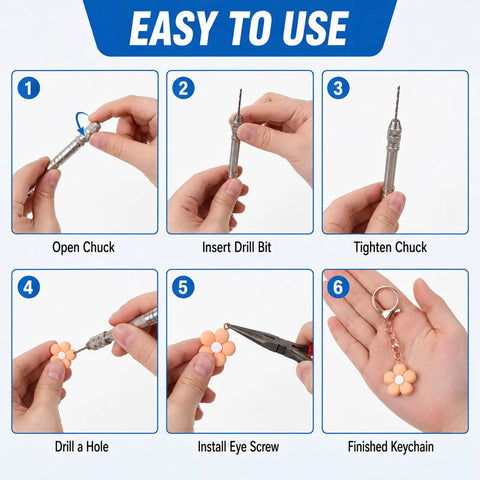 Step-by-step guide showing Top Shelf Pin Vise Hand Drill Set With A Dope Stainless Three Jaw Chuck and ease of use.