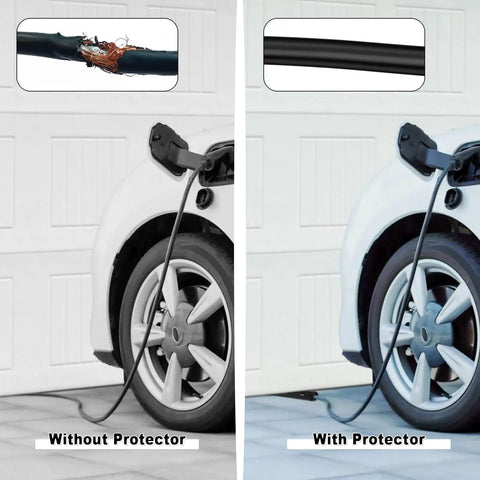 Comparison of Tough EV Charger Cable Guard Sleeve with Quick Hook and Loop Wrap protecting cable from damage.