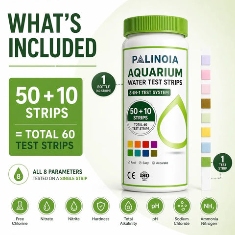 Top Tier Aquarium Water Test Strips 8 In 1 Fish Tank Chemistry Tester For Freshwater And Saltwater 60 Pack bottle with test strips.