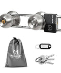 Built Tough Double Door Barricade Lock For French Doors All Metal U Shaped Security Bar With Keyed Lock Prevents Kick Ins And Handle Tampering For Doors With Double Knobs Or Levers shown with keys and pouch