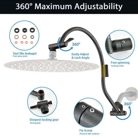 Oil Rubbed Bronze 12 Inch Rain Shower Head With 16 Inch Adjustable Extension Arm 304 Stainless Steel High Pressure Rainfall Showerhead