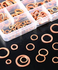 Copper Sealing Washers Set 165 Pieces Metric Flat Ring Copper Washers Assortment displayed in box and on table