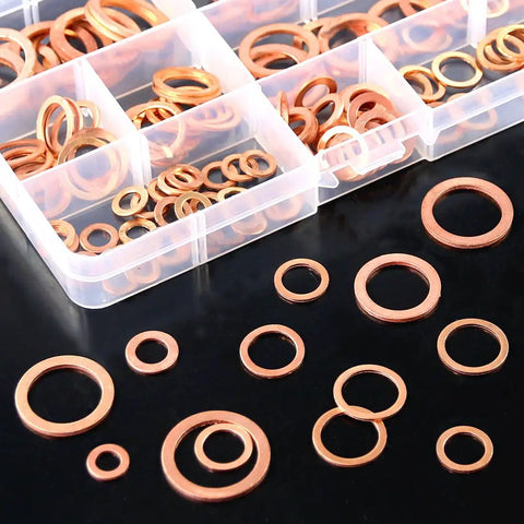 Copper Sealing Washers Set 165 Pieces Metric Flat Ring Copper Washers Assortment displayed in box and on table
