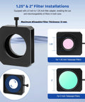 Double Magnetic Telescope Filter Drawer For Astrophotography With M42x0.75 T T2 Thread On Both Ends And 1.25 To 2 Inch Filter Mounts shown with filter installations for telescopes.