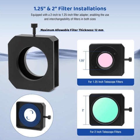 Double Magnetic Telescope Filter Drawer For Astrophotography With M42x0.75 T T2 Thread On Both Ends And 1.25 To 2 Inch Filter Mounts shown with filter installations for telescopes.