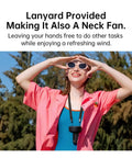 Woman wearing a lanyard with 3 In 1 Handheld Fan With 5000mAh Battery, outdoor use, neck fan feature, casual attire.