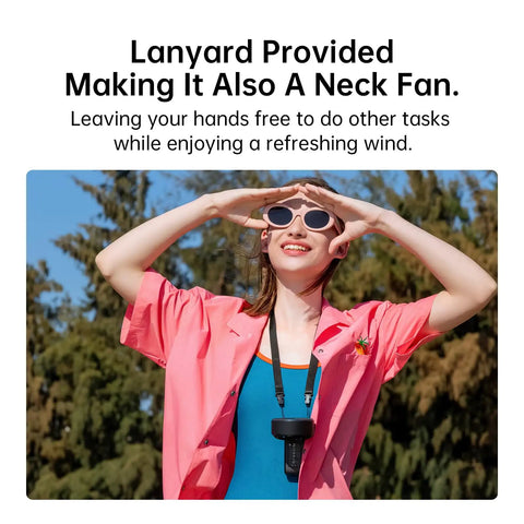 Woman wearing a lanyard with 3 In 1 Handheld Fan With 5000mAh Battery, outdoor use, neck fan feature, casual attire.