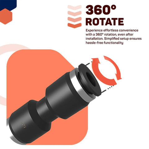 Close-up of black 1/4 Inch Air Line Fittings Straight Push To Connect Air Hose Fittings Pneumatic Fittings with 360° rotation graphic