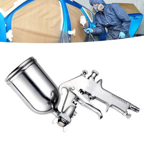 High Output Pneumatic Paint Sprayer Featuring 400 Ml Top Cup Air Spray Gun close-up view showing metal body and spray cup for auto detailing.