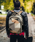 Low Poly Papercraft Reader Portrait Backpack worn by man in black jacket outdoors, showing large capacity printed design.